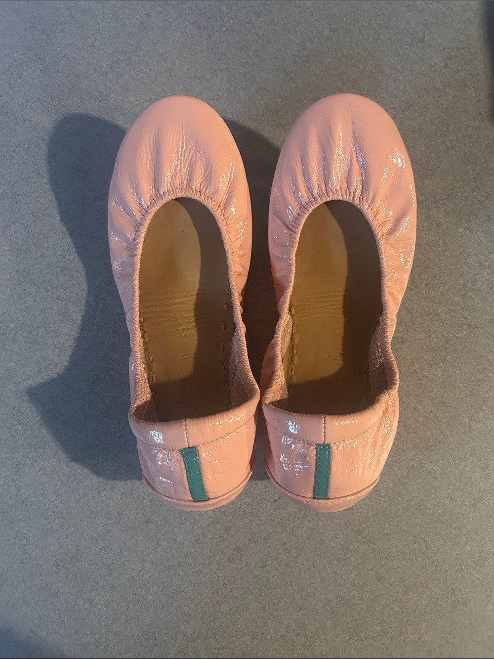 Tieks Pink Patent Ballet Flats with Teal Heel Tab